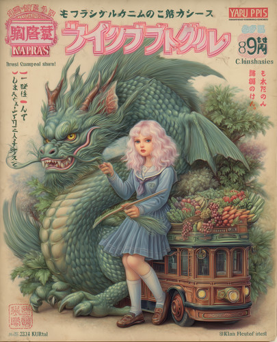 Girl feeding green dragon - green,